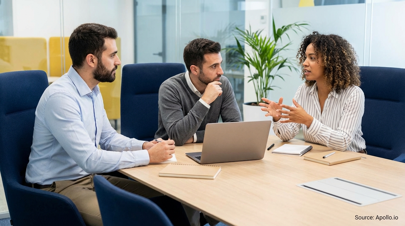 A woman speaks to two men during a business meeting in a modern office.