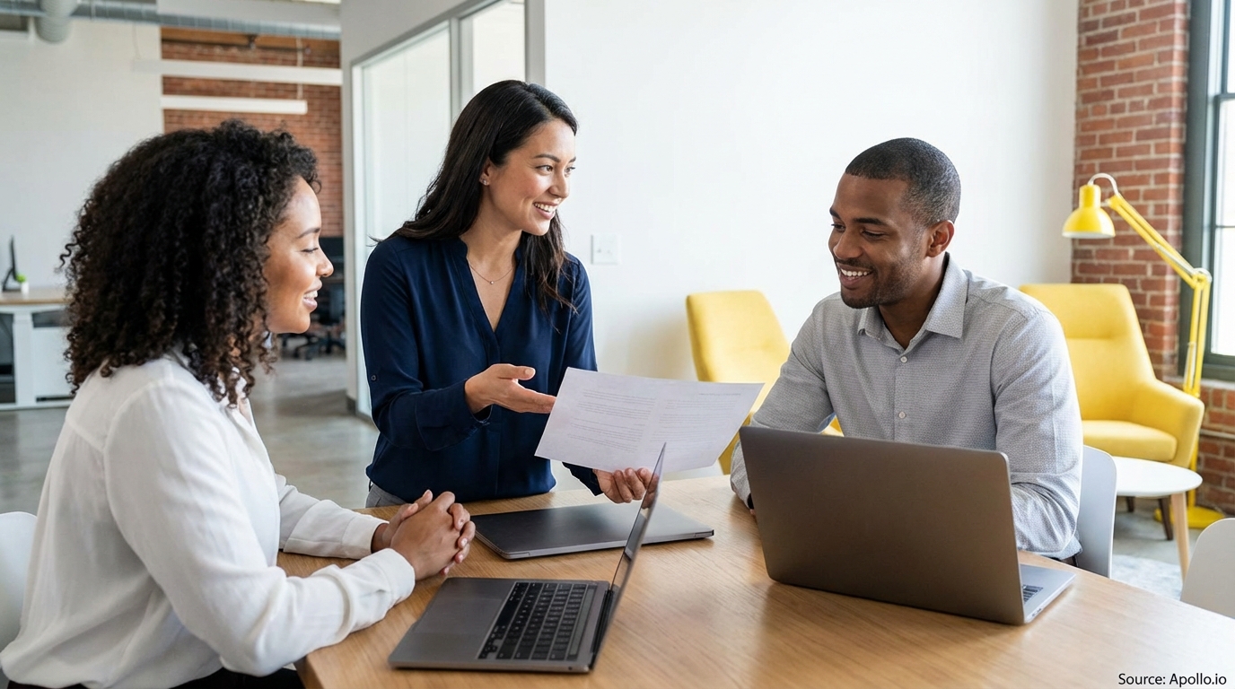 Three smiling coworkers discuss documents and laptops at a wooden table in a modern office.