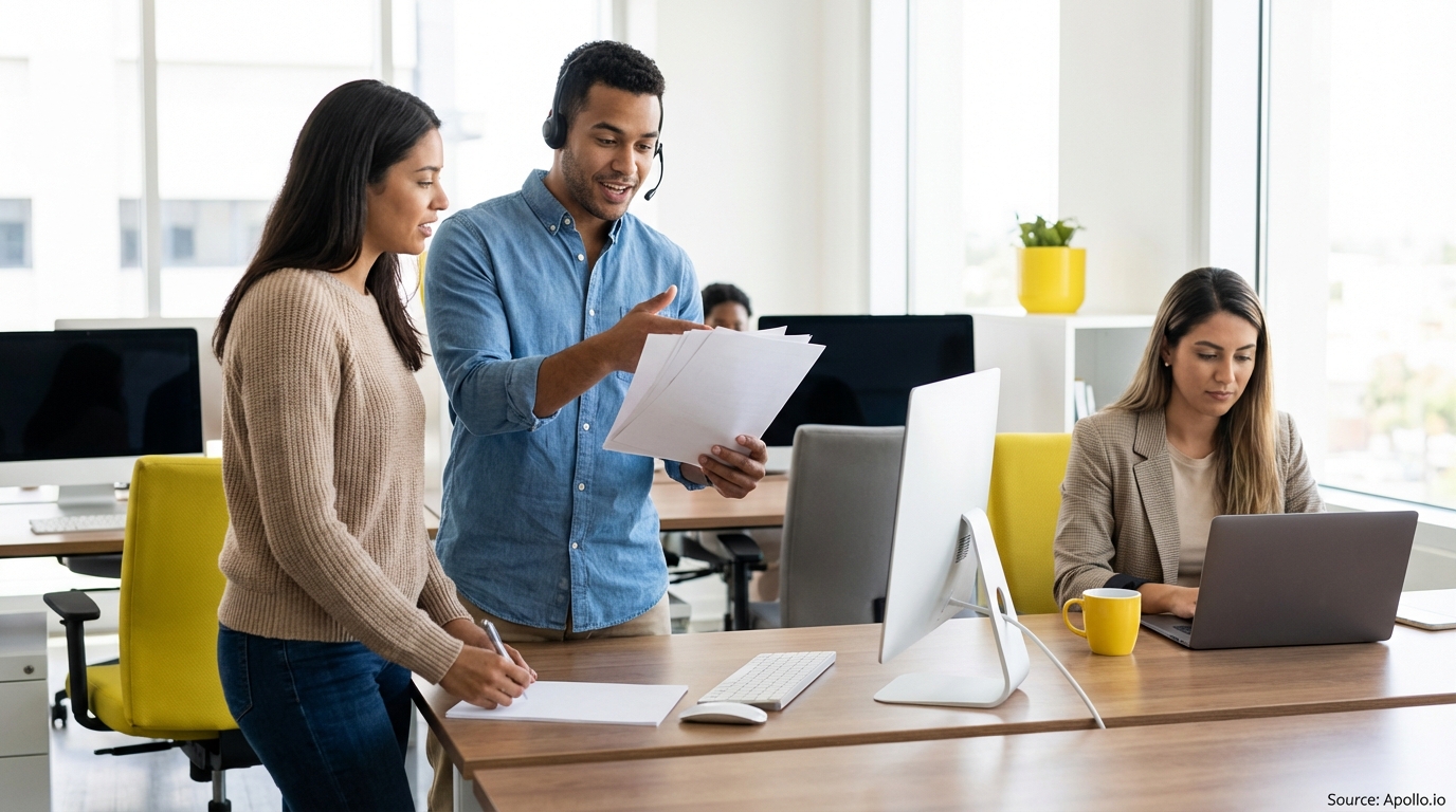Two colleagues discuss documents at a modern office desk, while another works on a laptop.