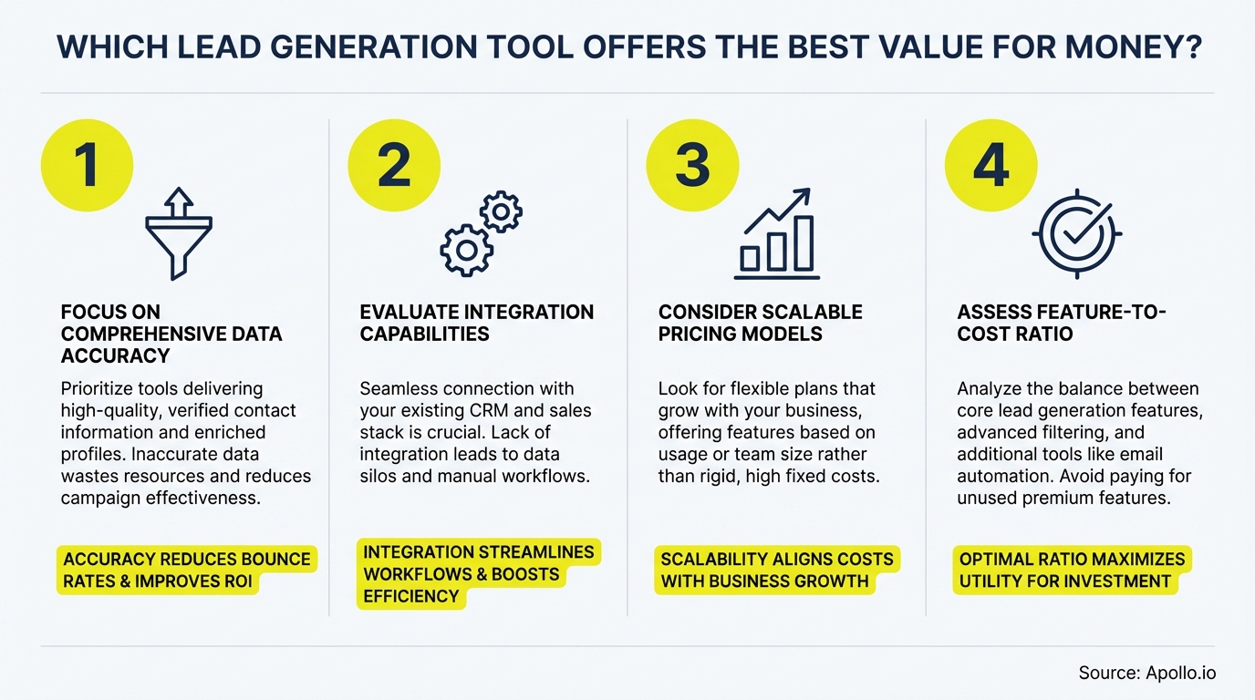 A four-step infographic shows criteria for selecting the best value lead generation tool with icons.