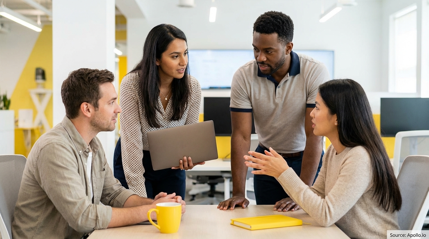 Four colleagues collaborate at a modern office table, two standing, one with a laptop.