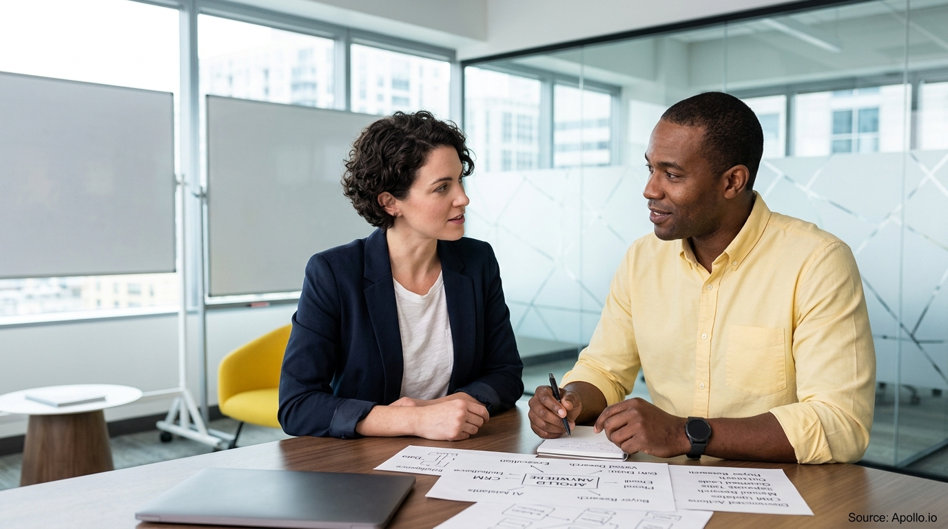 Two professionals collaborate at a conference table with diagrams, a notebook, and a laptop.