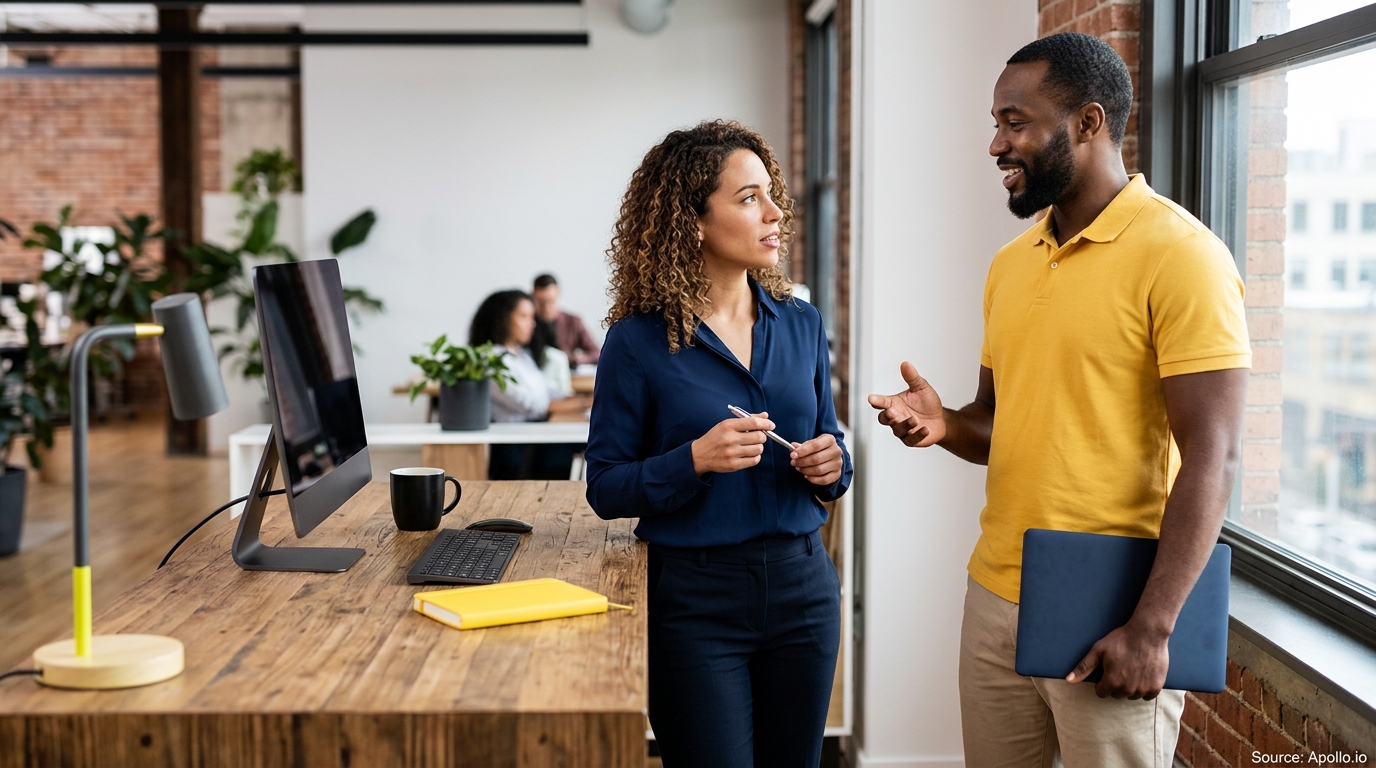 Two professionals talk near a standing desk in a bright, modern open-plan office.