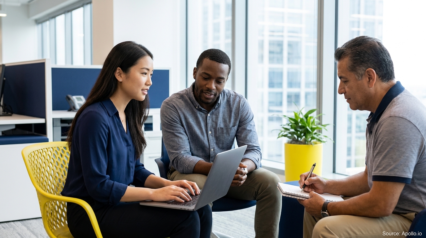 Three professionals collaborate in a modern office, reviewing a laptop screen and taking handwritten notes.