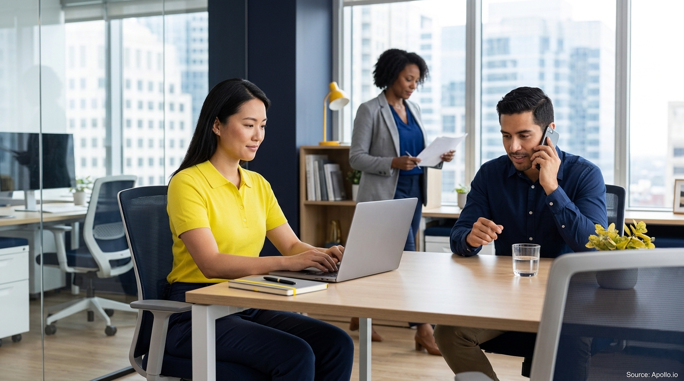 Three professionals work on a laptop, phone, and documents inside a bright, modern corporate office.