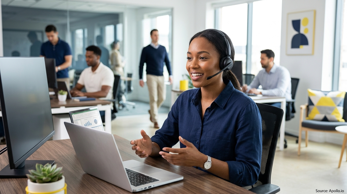 A woman wearing a headset gestures at a laptop in a bright office with several colleagues working nearby.