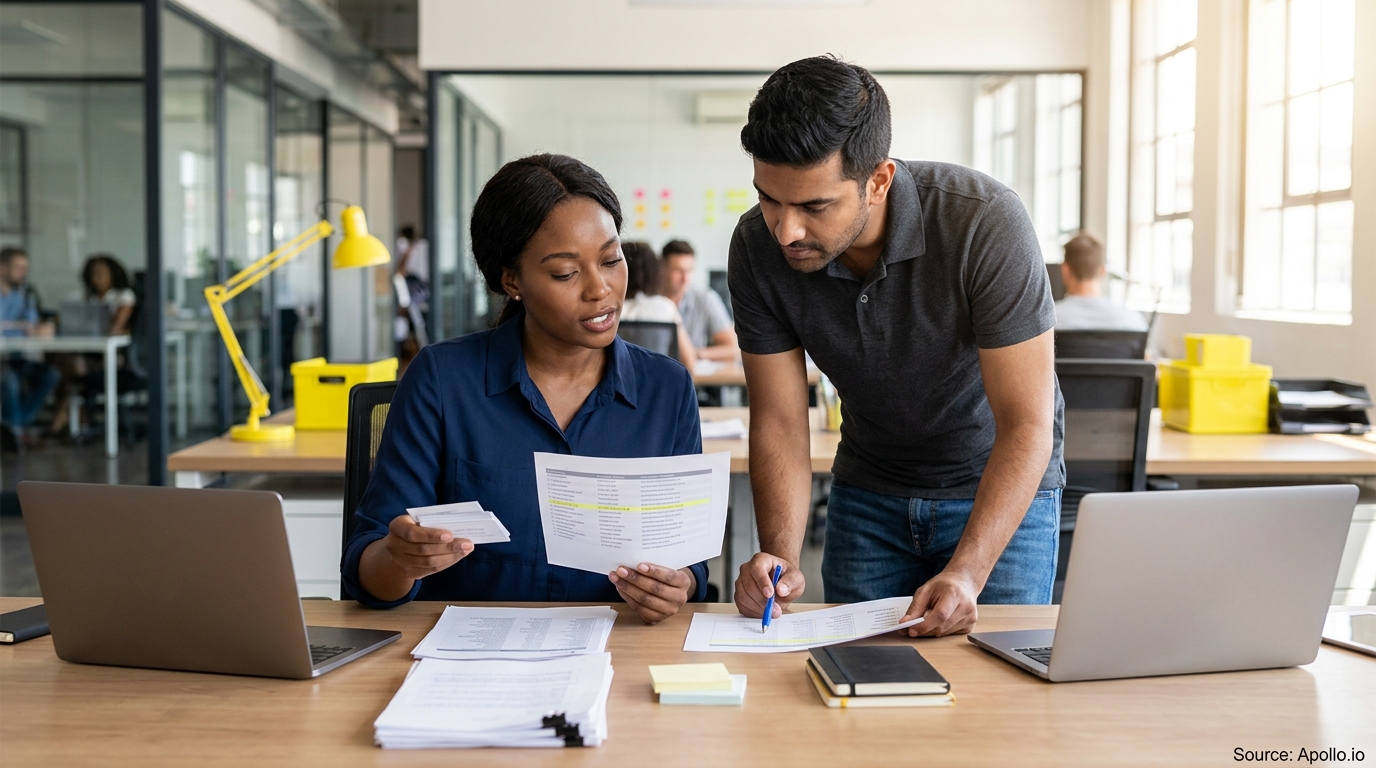 Two professionals reviewing printed documents and data lists at a desk in a bright, modern office.