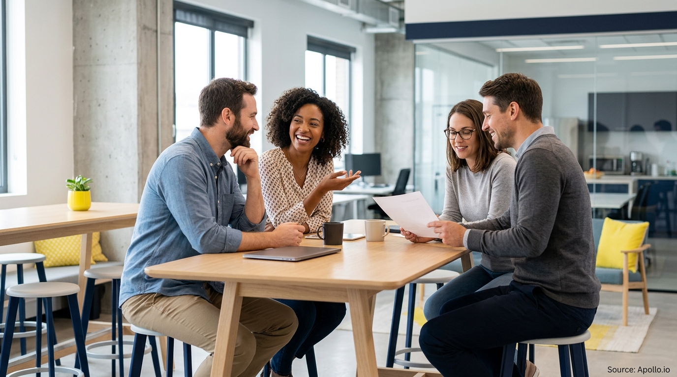 Four professionals talk and laugh while reviewing a document at a wooden table in a bright, modern office.