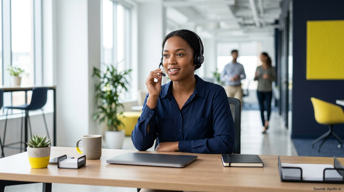 A woman wearing a headset works at a desk with two colleagues in a modern, bright office.