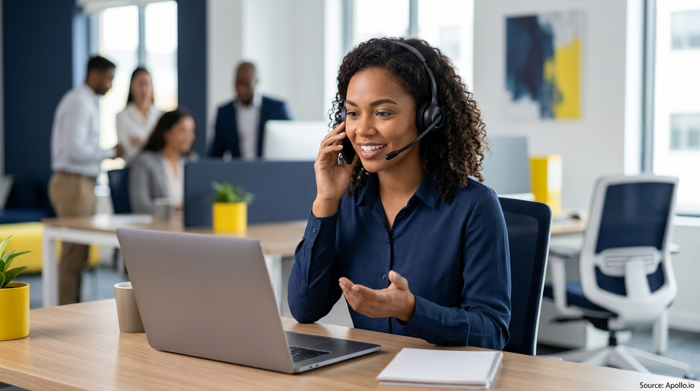 A professional woman with a headset uses a laptop while three colleagues work in a modern office.