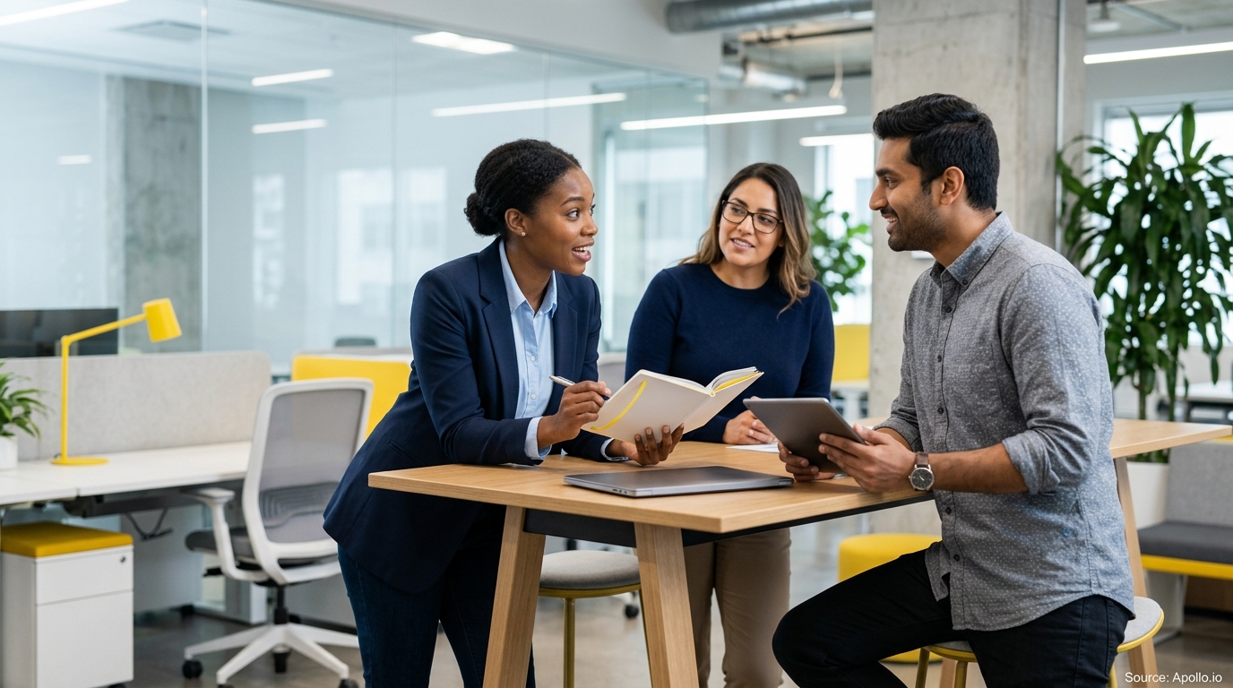 Three professionals discuss information from a notebook and tablet at a high table in a modern office.