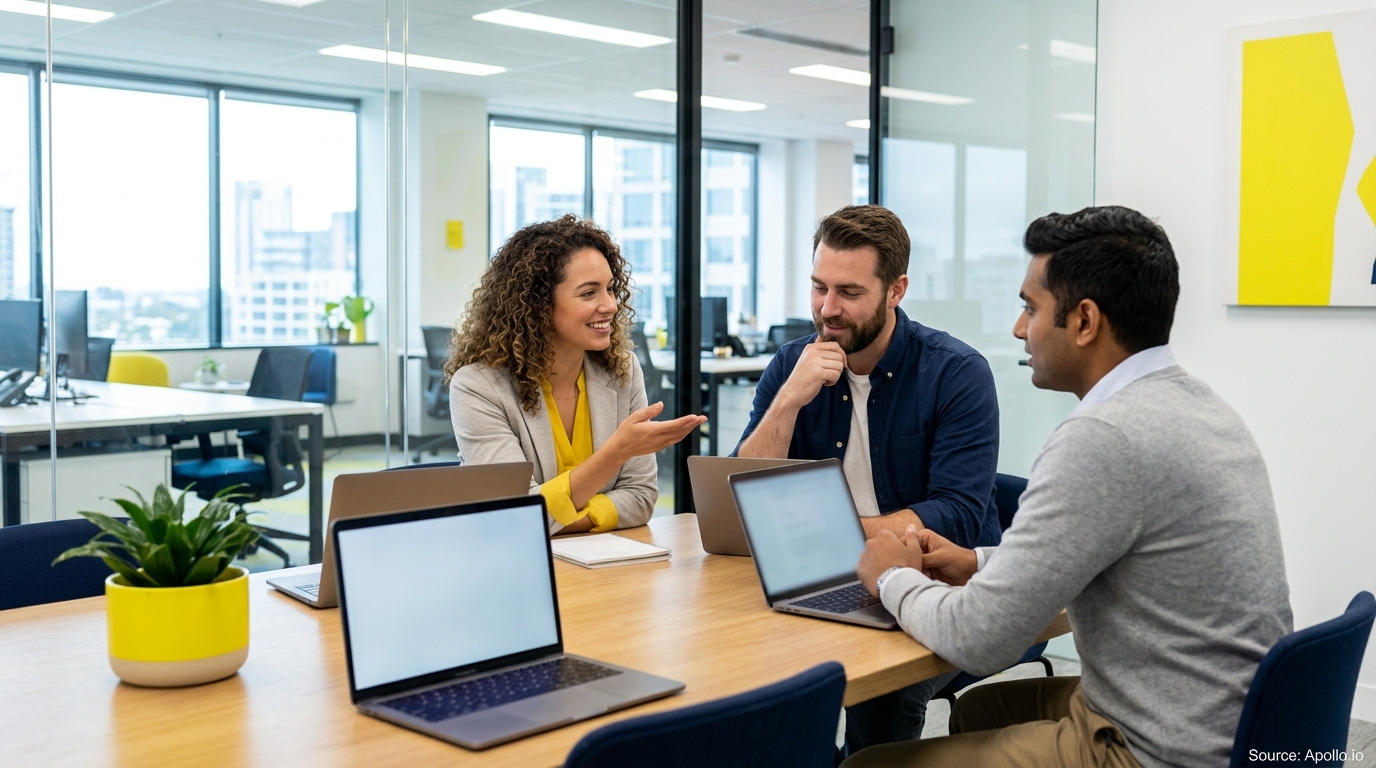 Three professionals collaborate around a wooden table with laptops in a bright, modern office space.