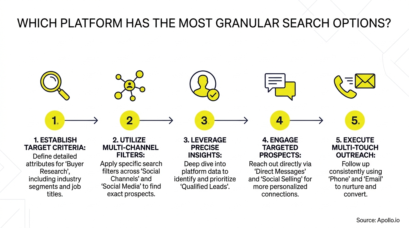 Five numbered yellow icons connected by arrows illustrate a workflow from establishing search criteria to executing multi-touch outreach.