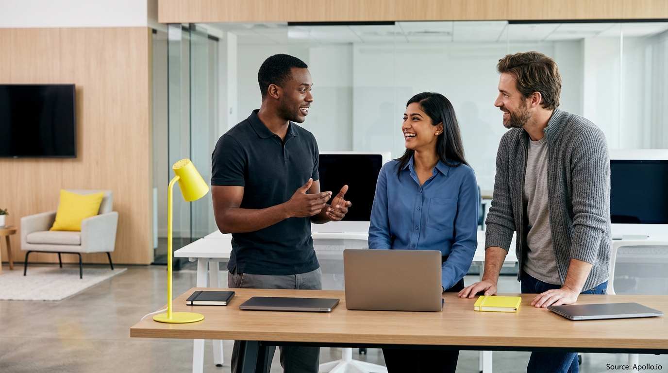 Three diverse professionals smile and converse around a wooden desk with laptops in a bright, modern office.