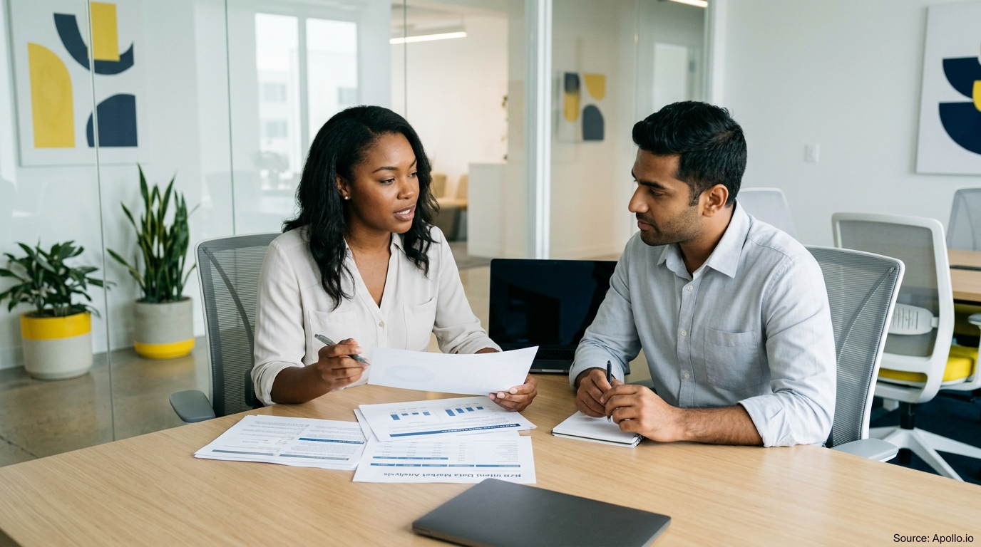 Two professionals review data charts and documents while sitting at a table in a bright, modern office.
