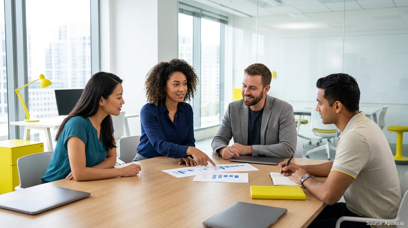 Four professionals analyze data charts and collaborate around a table in a bright, modern office.