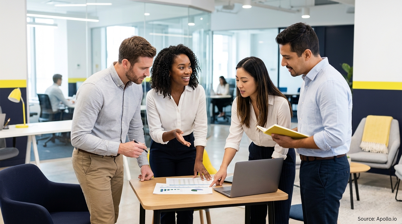 Four professionals collaborate over data on a laptop and printed charts in a bright, modern office.