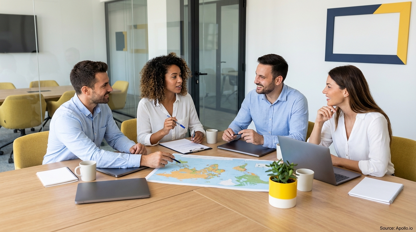 Four diverse professionals discuss global strategy, pointing at a world map in a modern office.