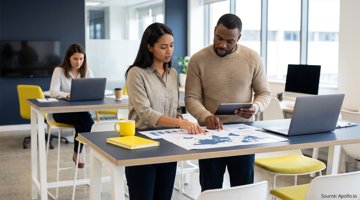 Three diverse professionals collaborate in a modern office, reviewing charts and a world map.