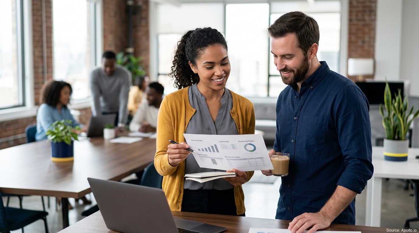 Two professionals analyze data visualizations on a document in a bright, modern office with colleagues in the background.
