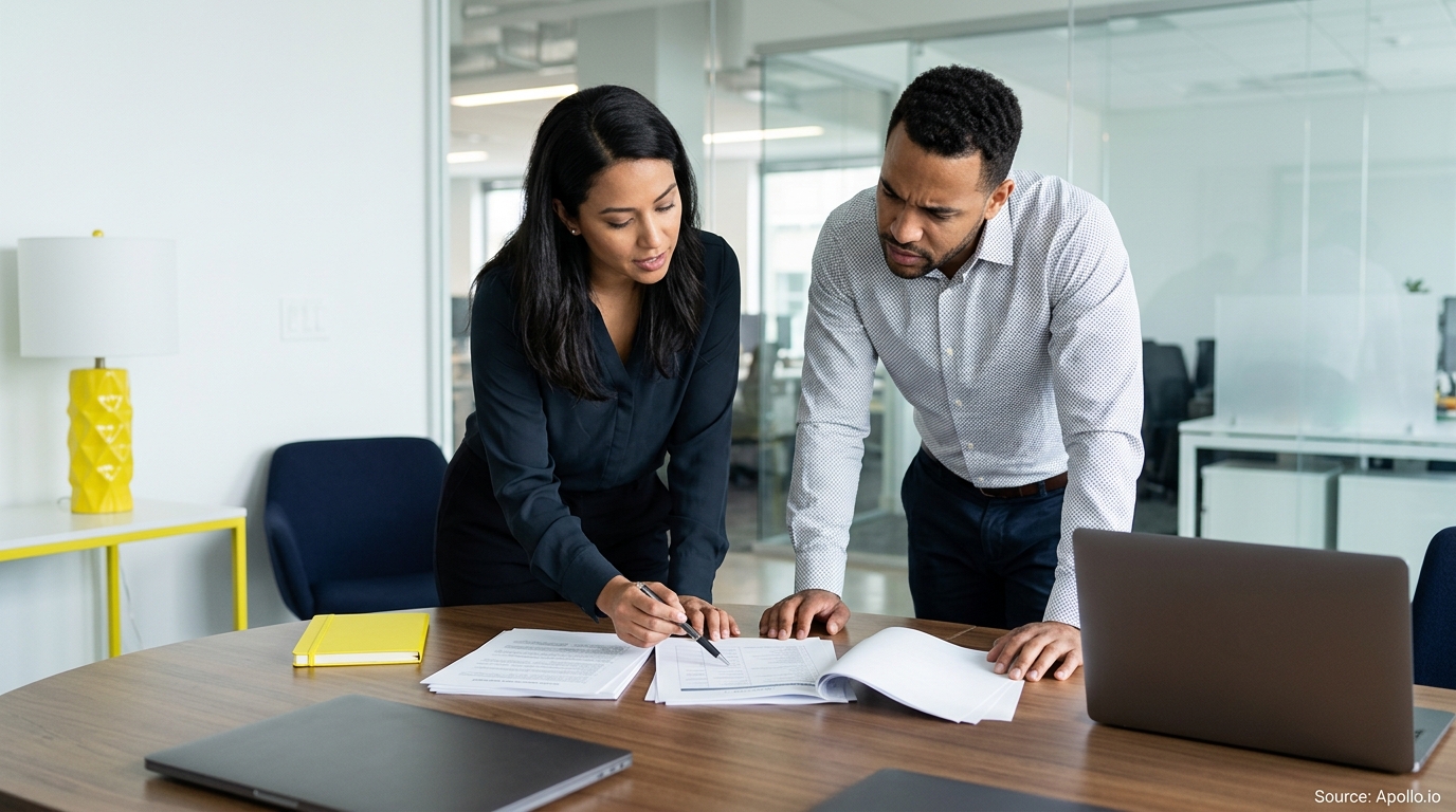 Two professionals review documents together at a table in a bright, modern office.