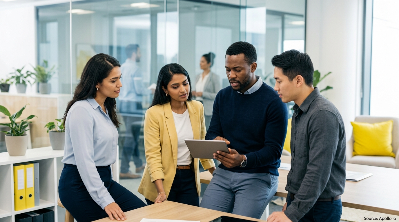Four diverse professionals gather around a tablet in a bright, modern office setting.