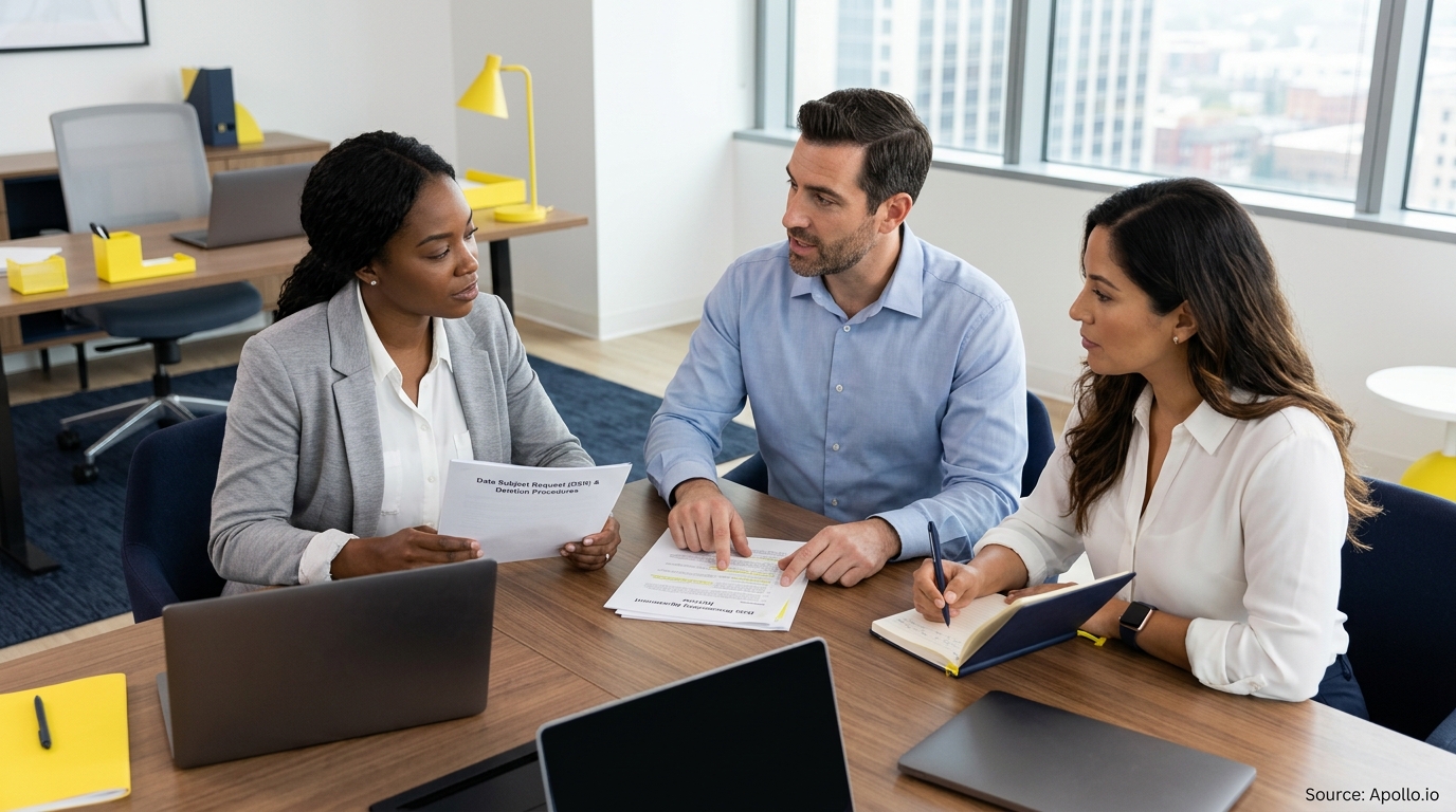 Three professionals review data privacy and deletion procedure documents at a conference table in a modern office.