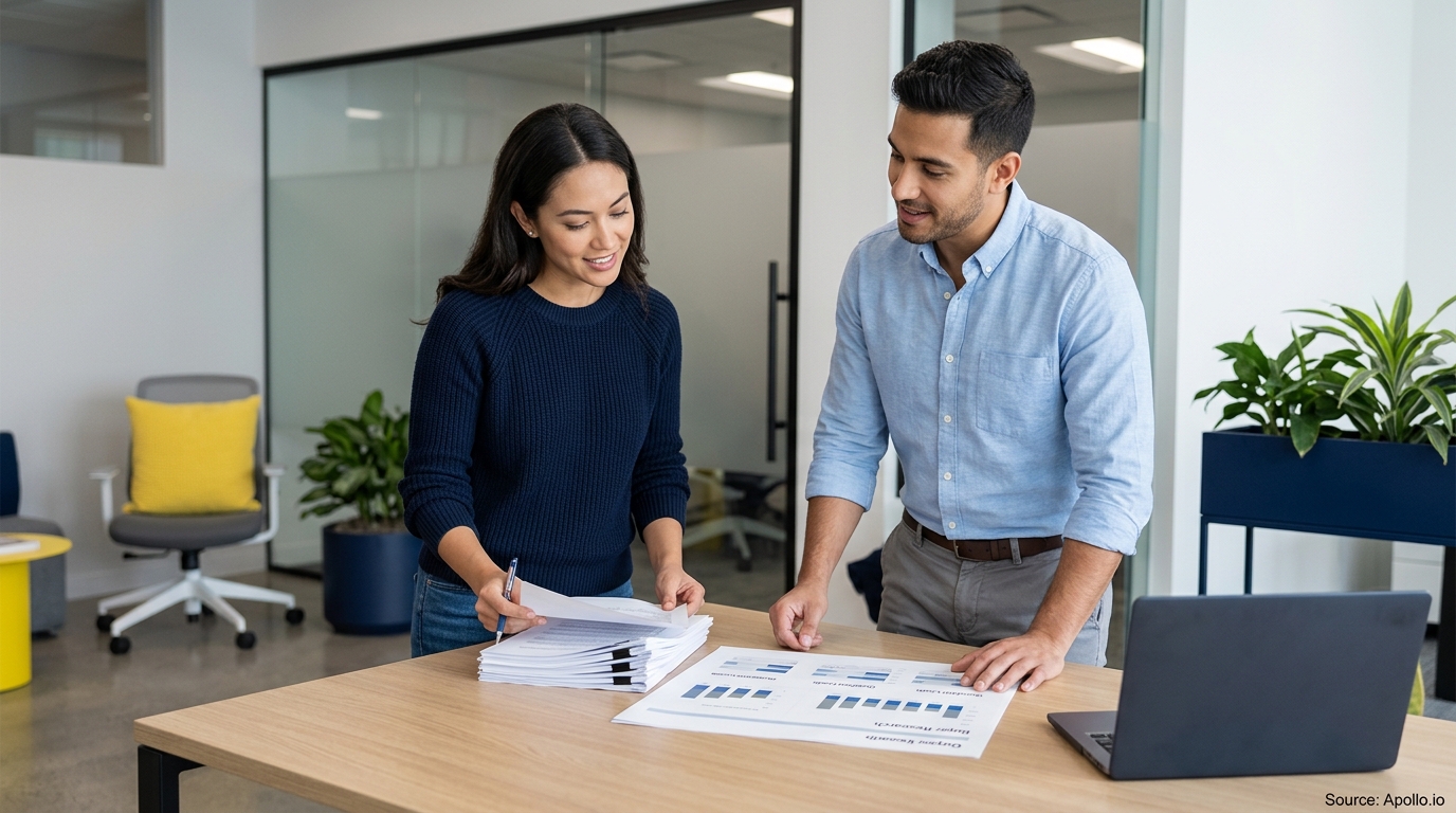 Two professionals analyze paper reports and charts together at a table in a bright, modern office.