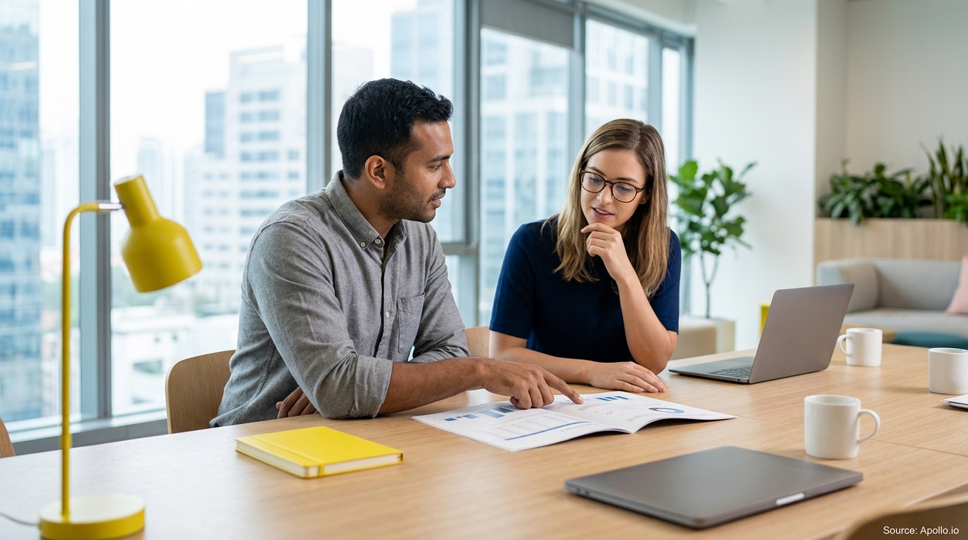 Two professionals review data charts on a document at a modern office table with a city view.