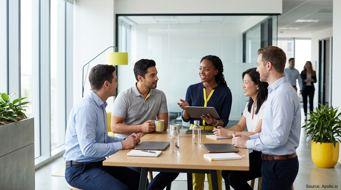 Five diverse professionals discuss business data around a table in a bright, modern office setting.