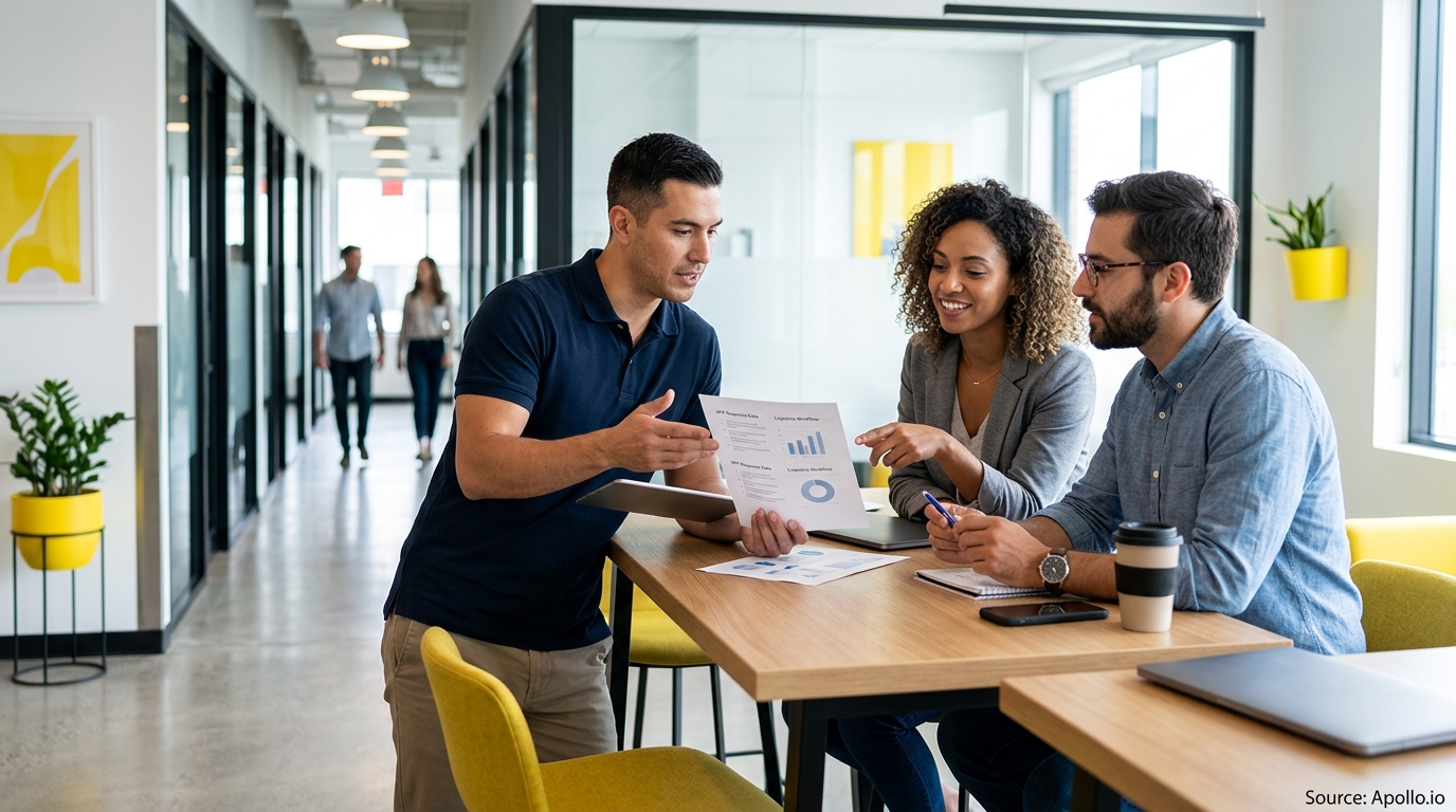 Three business professionals review printed charts and discuss data around a table in a bright modern office.