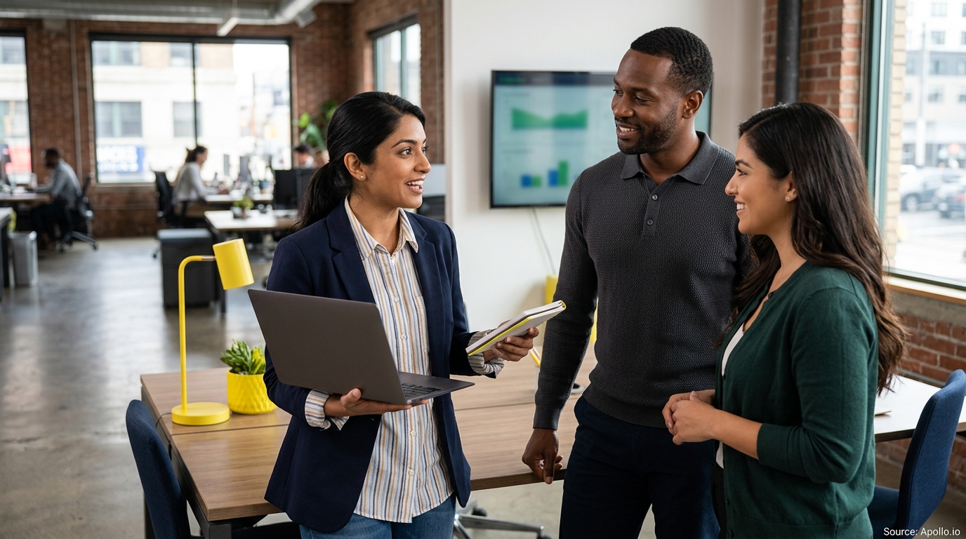 Three professionals conversing in a modern open-plan office while one woman holds an open laptop.