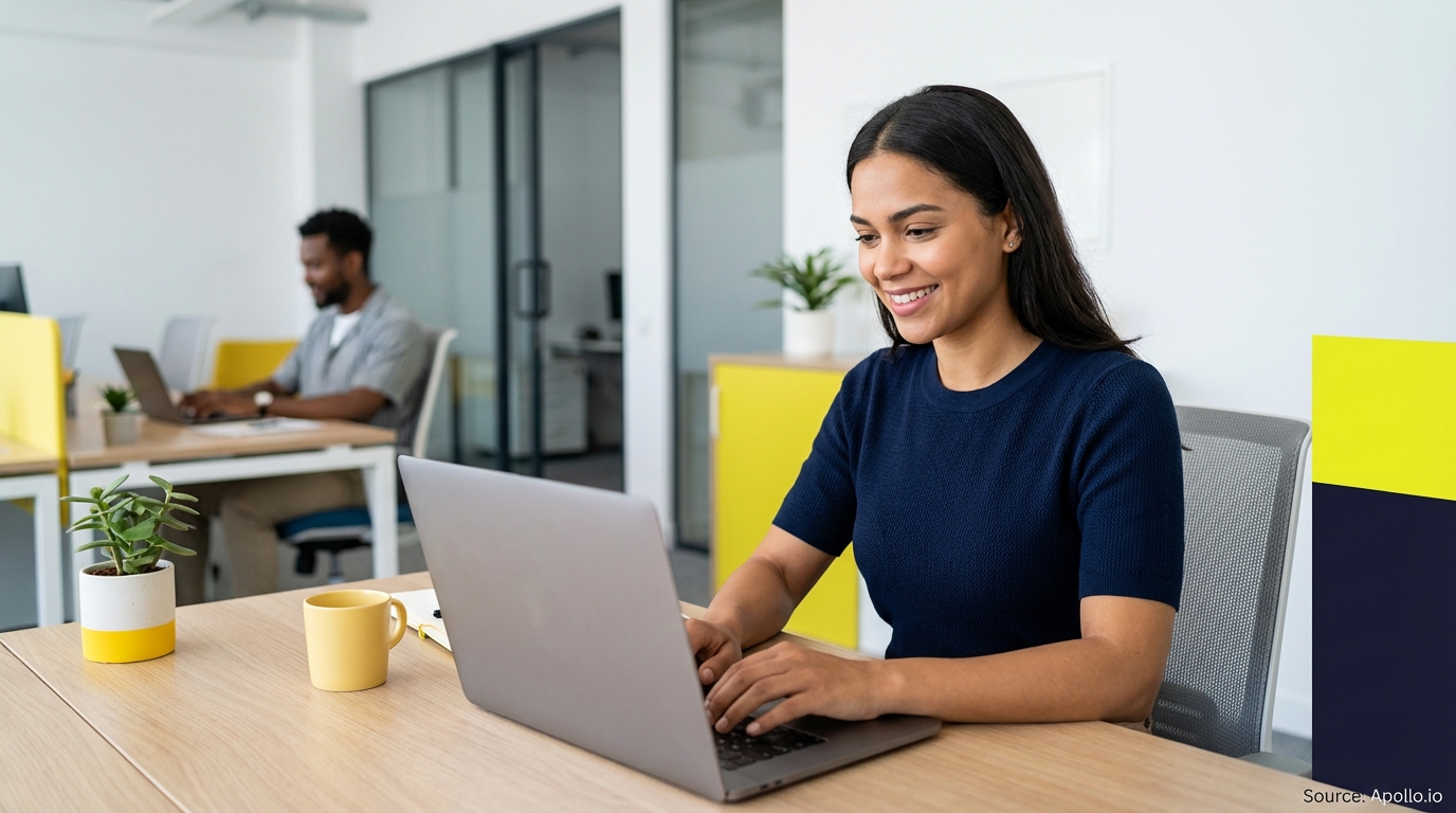 Smiling woman types on laptop at office desk, man works in background.