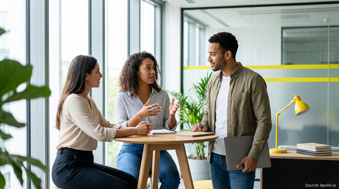 Three diverse professionals engage in a lively discussion at a modern office table.