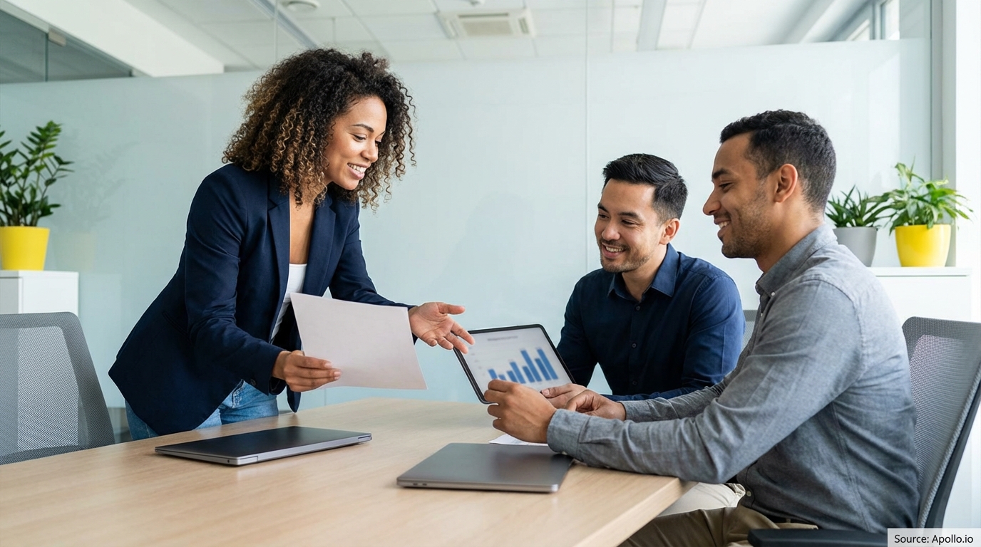 Three smiling professionals discuss data on a tablet and papers in a modern office.