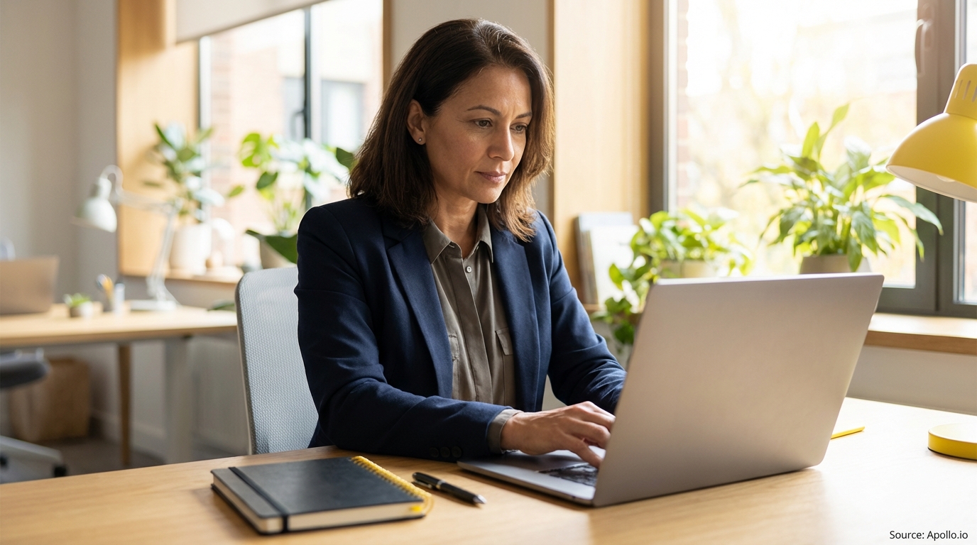 A woman types on a laptop at a bright office desk with plants in the background.