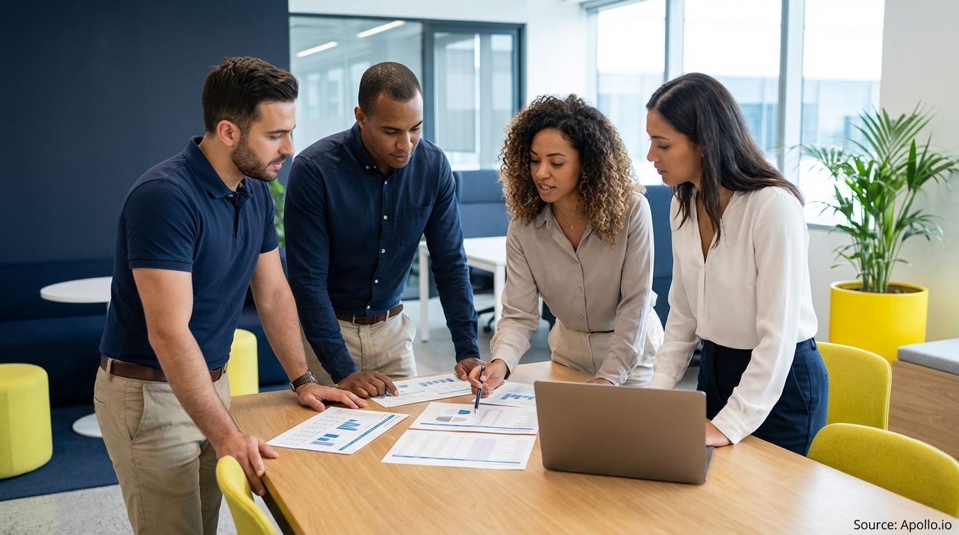 Four professionals analyze charts and a laptop on a modern office table.
