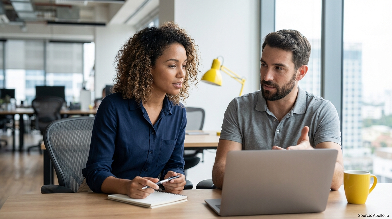 Two colleagues discuss using a laptop and notebook in a bright office.