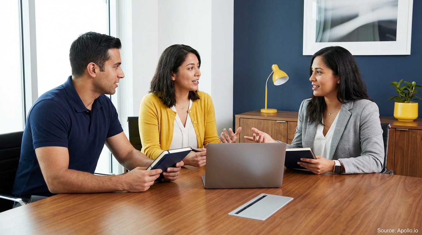 Three professionals discuss strategy at a modern office table with a laptop.