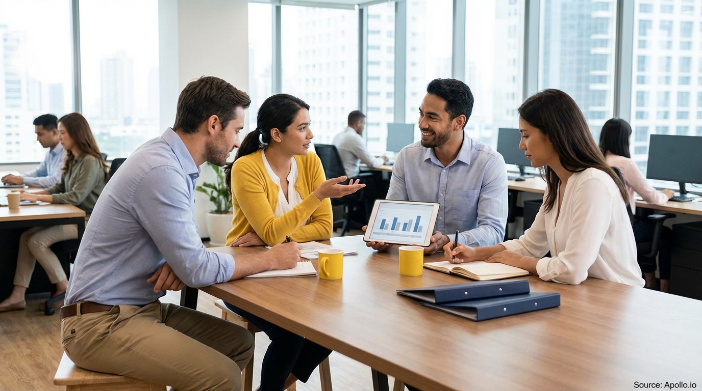 Four colleagues discuss charts on a tablet at a modern office meeting.