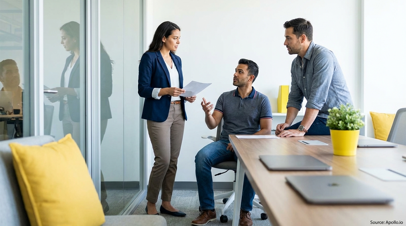 Three colleagues discuss papers in a modern office, one seated, one standing, one leaning.