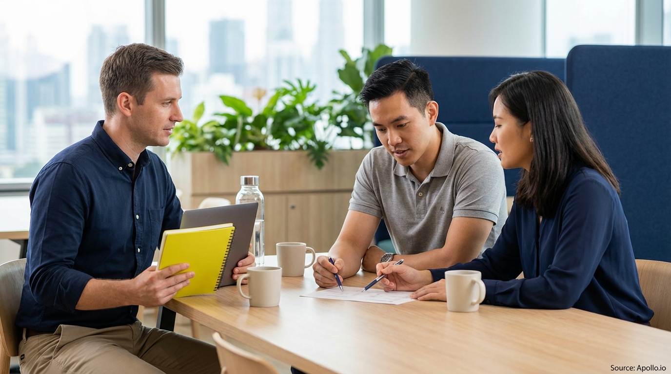 Three professionals collaborating on documents at a modern office table.