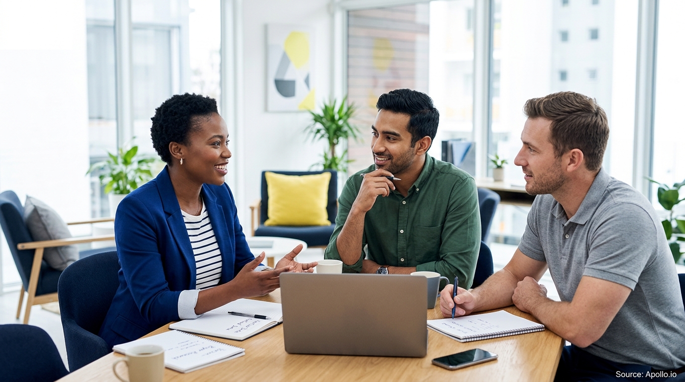Three professionals discussing work around a wooden table with a laptop and notebooks in a bright, modern office.