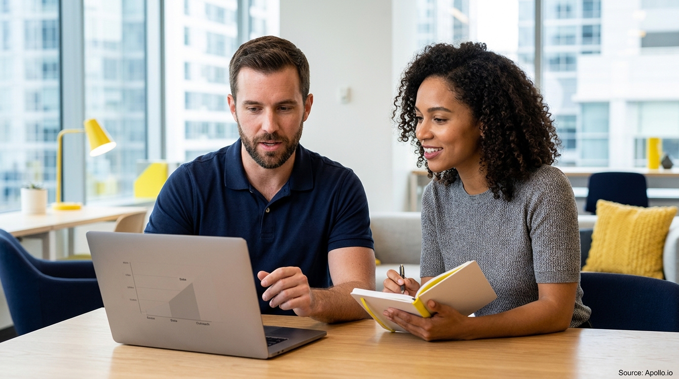 Two professionals review information on a laptop together while taking notes in a bright, modern office.