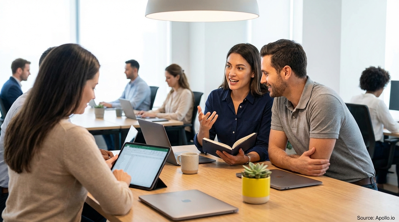 Three professionals discuss and work on tablets at a modern office table.