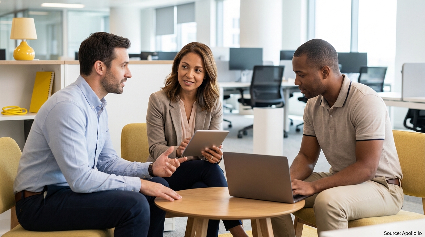 Three diverse colleagues discuss in a modern office, one gesturing, another using a tablet, a third on a laptop.