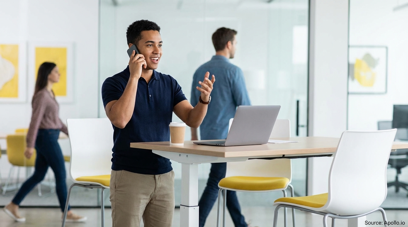 Smiling man on phone gestures at a standing desk in a bright, modern office.