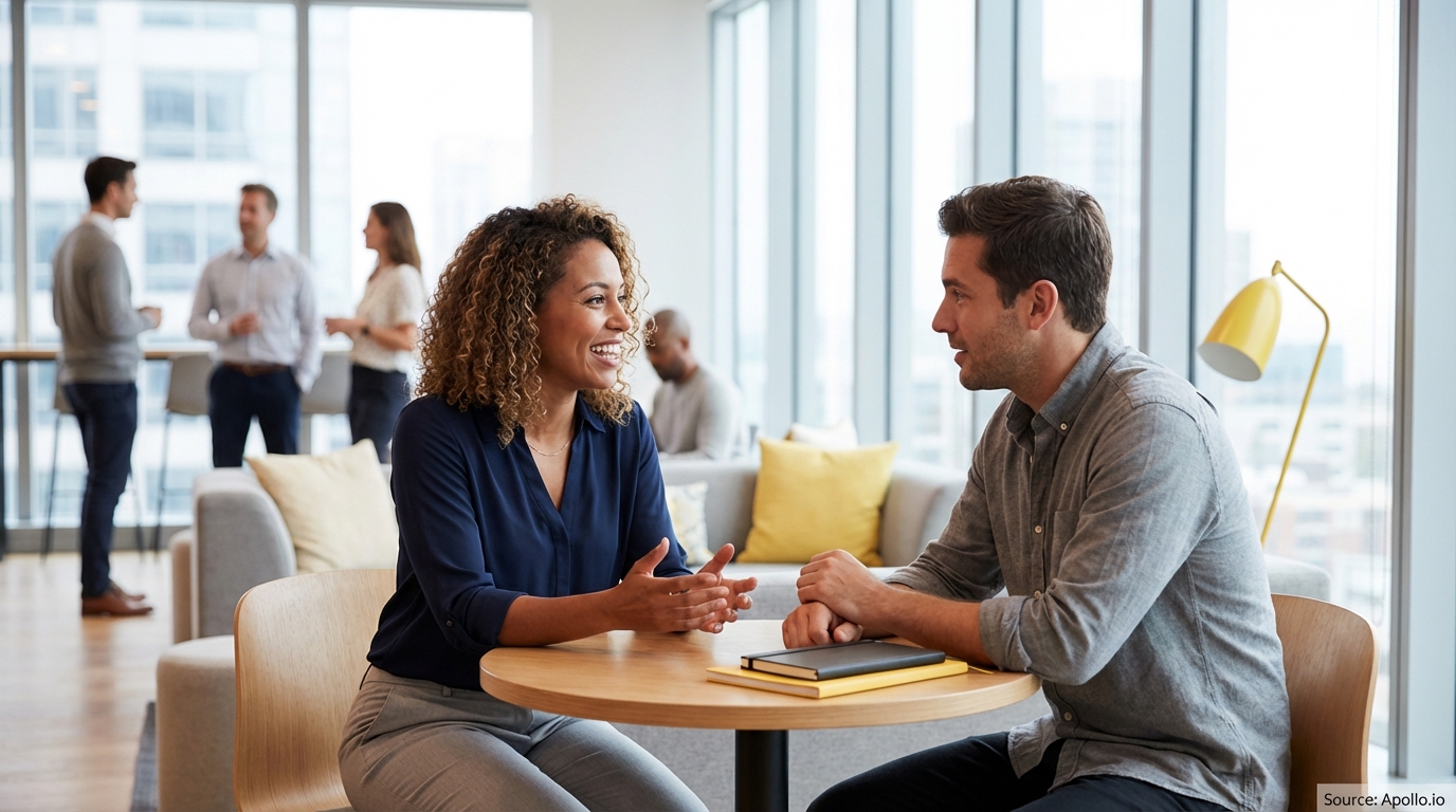 Two professionals discussing at a table in a bright, modern office.