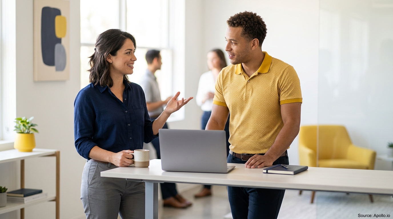 Four professionals in a bright office, with two colleagues discussing work at a standing desk with a laptop.