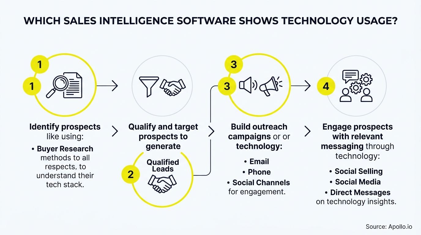 Four-step infographic uses icons and three stylized figures to illustrate a sales intelligence and prospect engagement process.